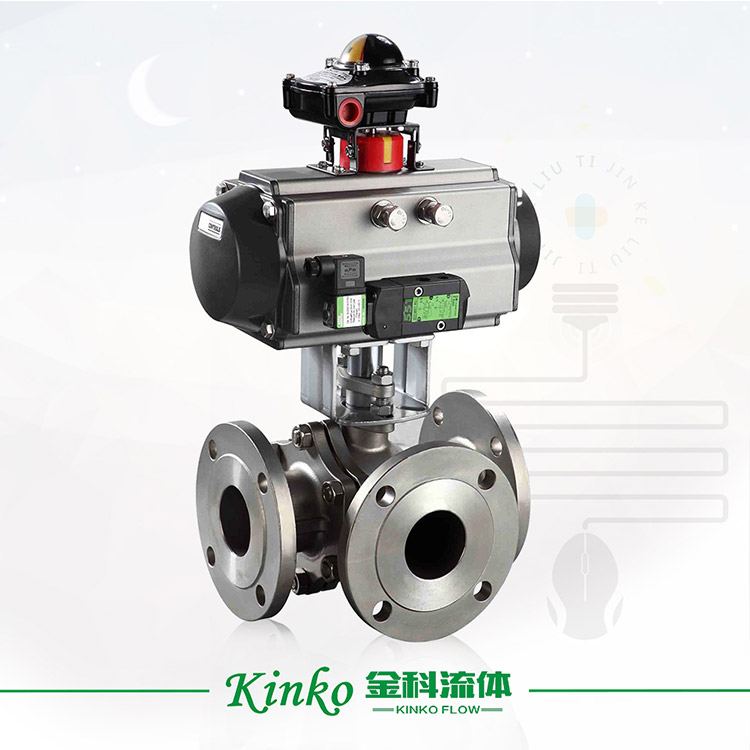 Pneumatic three-way flanged stainless steel ball valve
